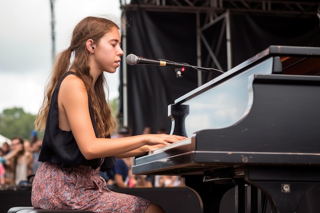 Een jonge vrouwelijke pianist die optreedt op het podium van een openluchtmuziekfestival