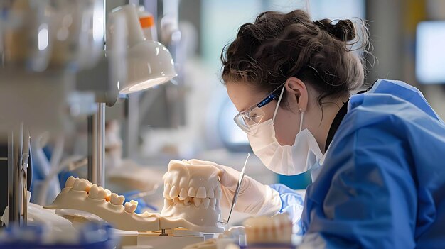 Een jonge vrouwelijke tandarts met een masker en handschoenen onderzoekt een set tandprothesen terwijl ze in een modern tandheelkundig laboratorium werkt