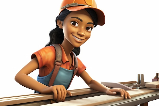 Foto een jonge vrouwelijke timmerman met een oranje hardhoed en een blauwe overall glimlacht terwijl ze met hout aan een tafelzaag werkt