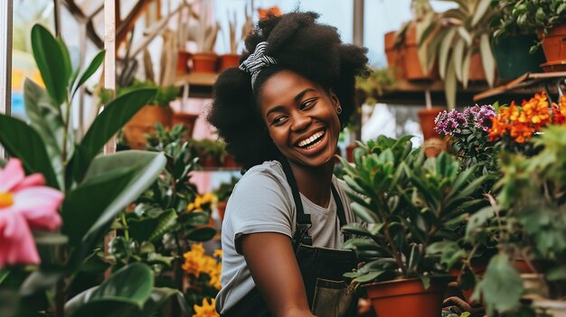 Een jonge vrouwelijke tuinier zorgt vreugdevol voor bloemen