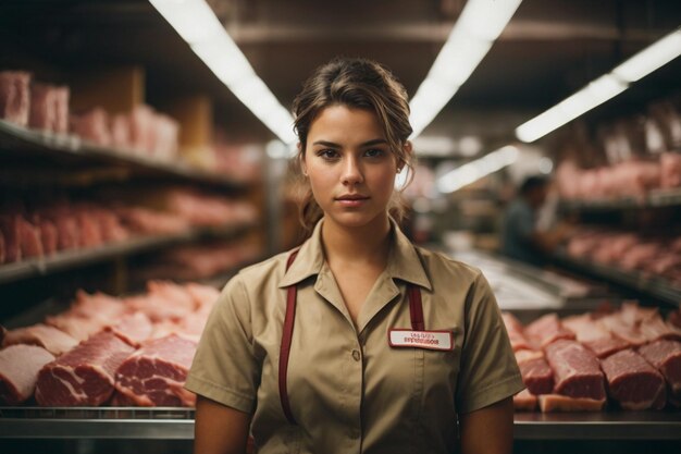 Een jonge vrouwelijke werknemer in een werkuniform staat in een vleeswinkel