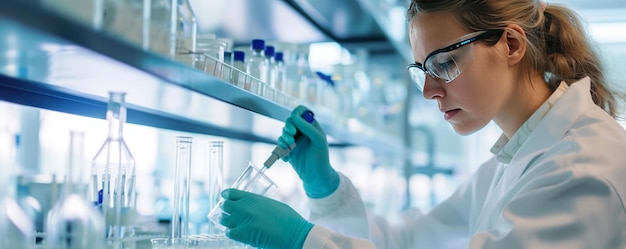 Een jonge vrouwelijke wetenschapper gebruikt een pipet om een chemische stof te vullen terwijl ze in een laboratorium werkt