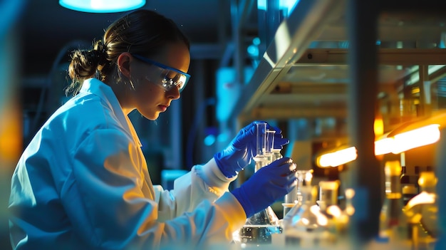 Een jonge vrouwelijke wetenschapper met een labjas en een veiligheidsbril werkt in een laboratorium