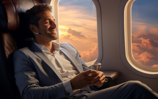 Een jonge zakenman zit op een businessclass vlucht en geniet van een kop koffie AI