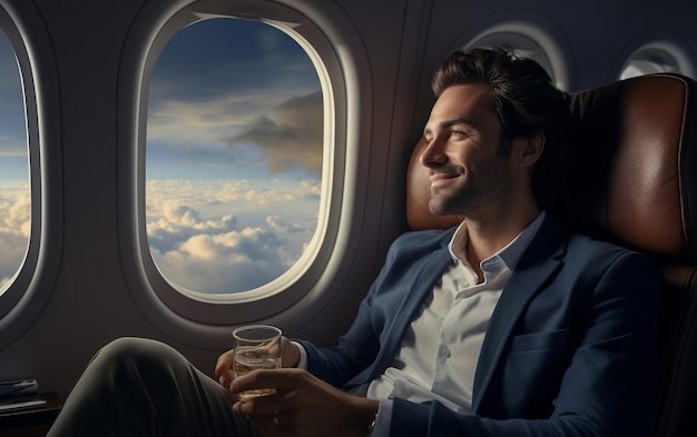 Een jonge zakenman zit op een businessclass vlucht en geniet van een kop koffie AI