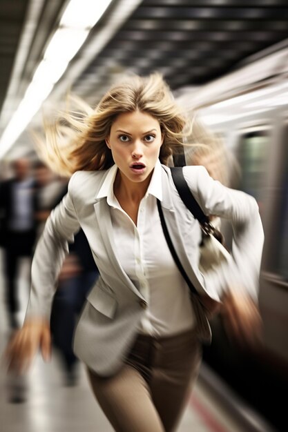 Foto een jonge zakenvrouw die stressvol in suite op een metrostation rent om de trein te halen