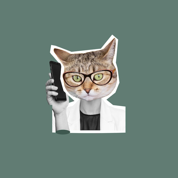 Een jonge zelfverzekerde zakenvrouw onder leiding van een kattenkop die op de mobiele telefoon praat