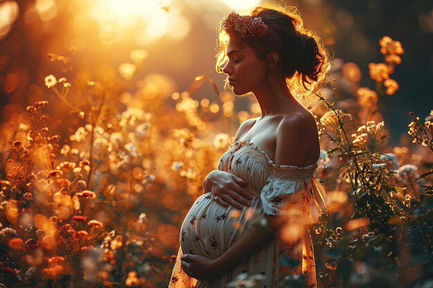 Een jonge zwangere vrouw tegen een achtergrond van prachtige gekleurde bloemen