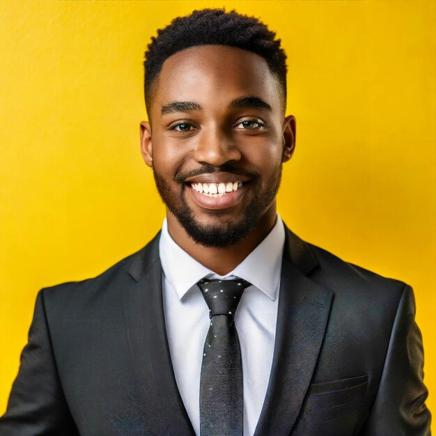 Foto een jonge zwarte amerikaanse ondernemer in een formeel pak tegen een levendige gele achtergrond