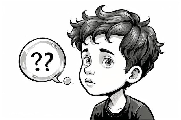 Foto een jongen die denkt een bubbel met vraagteken