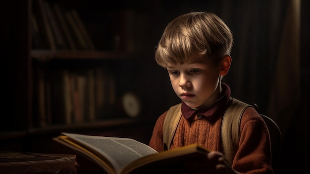 Een jongen die een boek leest in een donkere kamer