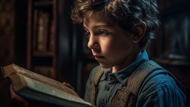 Een jongen die een boek leest in een donkere kamer