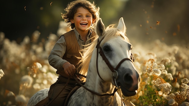 een jongen die een bokkend paard berijdt in de weide met saturaal op de achtergrond