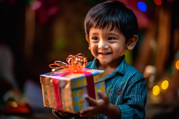 Een jongen die een cadeau vasthoudt met de tekst 'gelukkige verjaardag' erop