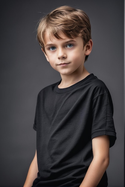 een jongen die een gewoon zwart T-shirt draagt wit T-shirt mockup voor kinderen