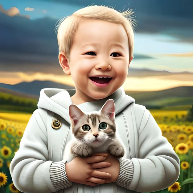 Een jongen die een kat vasthoudt in een veld met zonnebloemen.