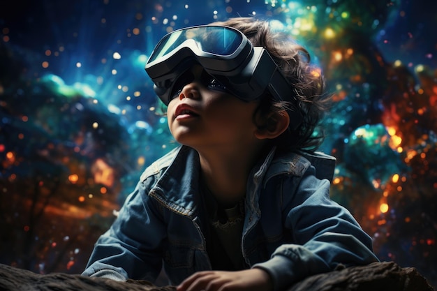 Een jongen die een VR-headset draagt, gebruikt een surrealistische wereld en virtual reality kleurrijke bloemenvelden Generatieve AI