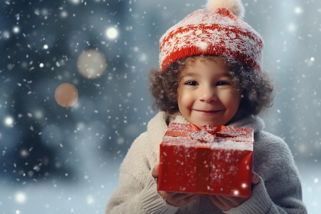 Een jongen die in de winter buiten een cadeautje vasthoudt