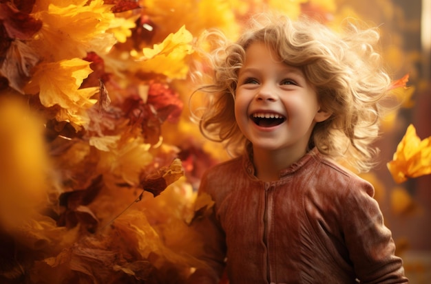 Een jongen die lacht in de herfstbladeren
