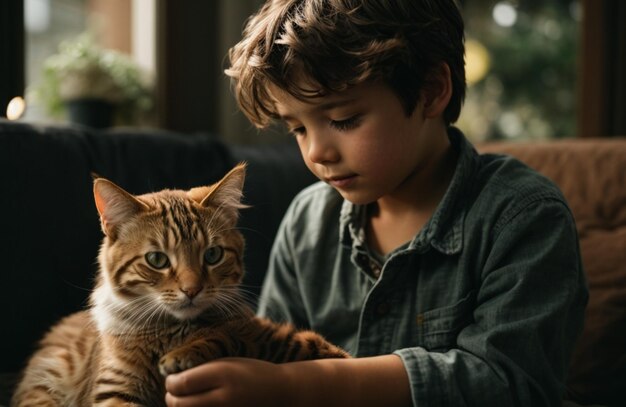 Een jongen die zijn kat aaiet