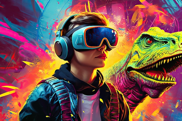 Foto een jongen draagt een virtuele realiteitsbril op een achtergrond van dinosaurussen.