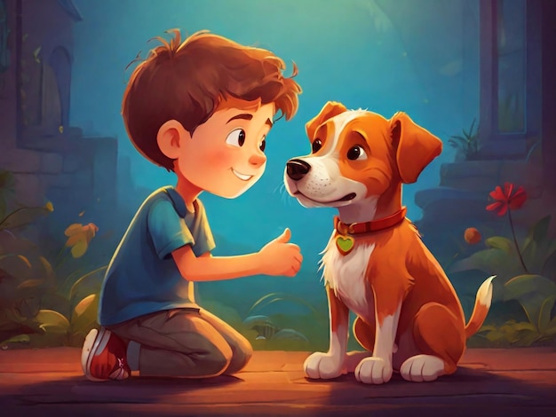 een jongen en een hond kijken naar elkaar en de jongen geeft een duim omhoog