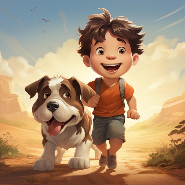 een jongen en een hond lopen illustratie zonsondergang