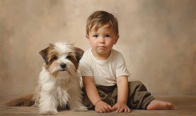 een jongen en een hond zitten op de vloer en een bruine achtergrond