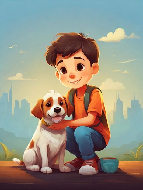 Een jongen en een hond zitten voor een foto van een jongen en de stad.