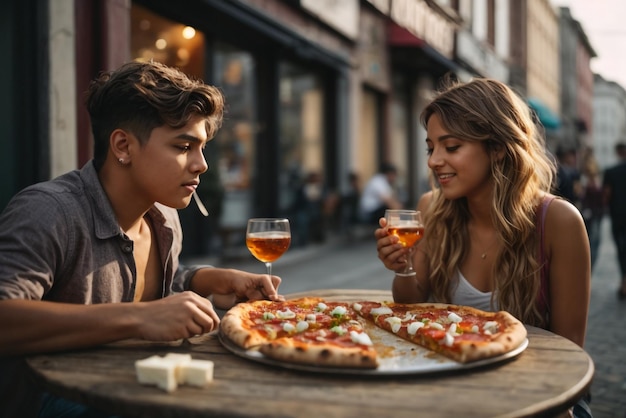 Een jongen en een meisje eten heerlijke meetpizza met witte kaas, vergezeld van een glas whisky