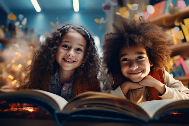 Een jongen en een meisje lezen een boek in de bibliotheek.