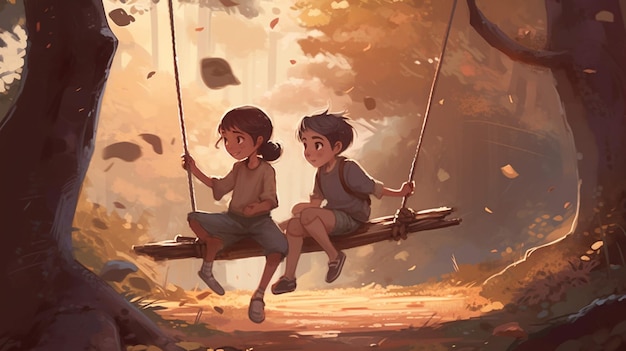 Een jongen en een meisje op een schommel in het bos