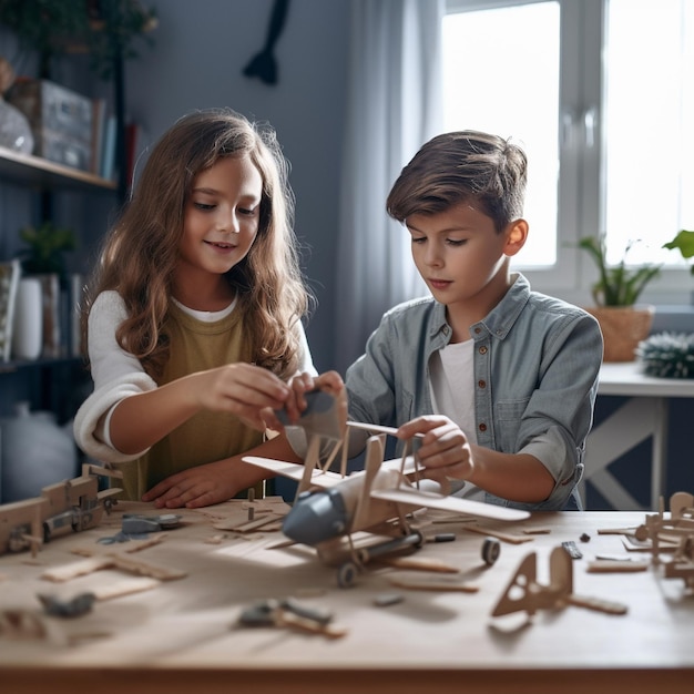 een jongen en een meisje spelen met houten blokken en een jongen speelt met een houten stuk speelgoed