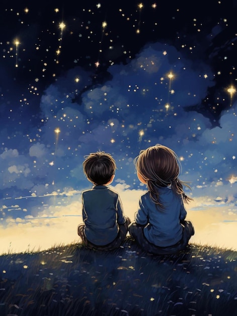 een jongen en een meisje zitten in de lucht en kijken naar de sterren.
