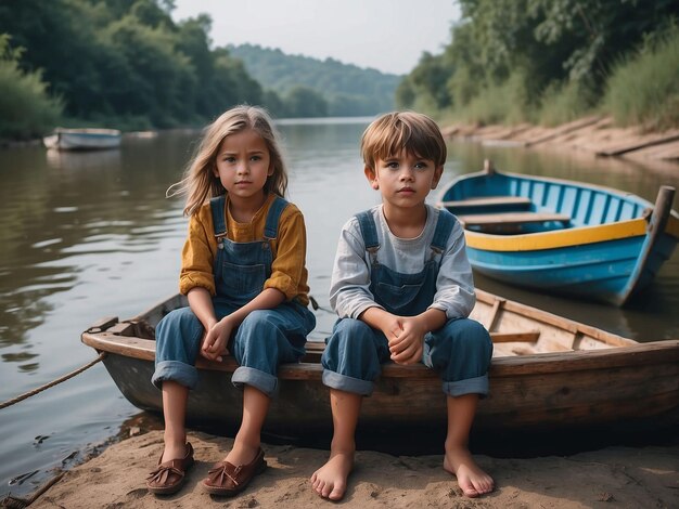 Een jongen en een meisje zitten tussen de boten in de rivier.