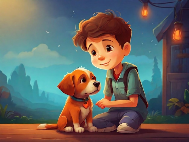 een jongen en zijn hond zitten op een houten platform