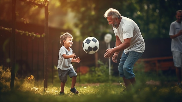 Een jongen en zijn vader spelen met een voetbal