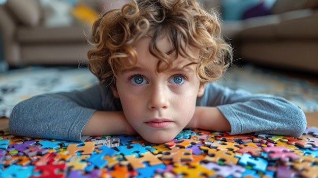 Foto een jongen fronste in verwarring bij een complexe puzzel