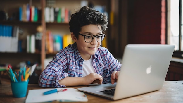 Een jongen gebruikt een laptop om online lessen te volgen