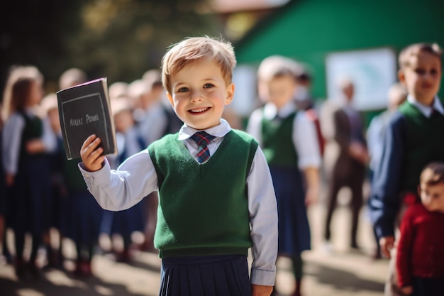 Een jongen houdt een boek in zijn hand.