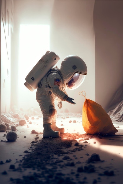 Foto een jongen in een astronautenpak staat op het punt een vuilniszak op te halen generatieve ai