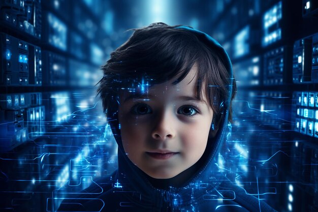 Een jongen in een digitale blauwe wereld Generatieve Ai