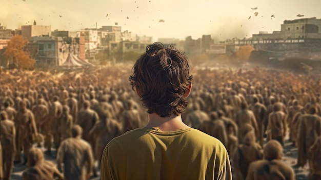 Een jongen in een geel shirt staat voor een menigte mensen.
