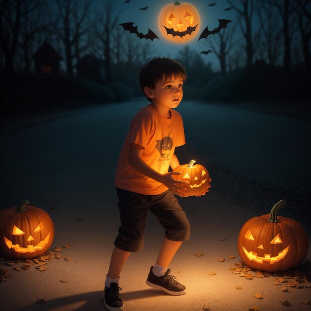 Een jongen in een Halloween shirt houdt een pompoen vast met vleermuizen in zijn handen.