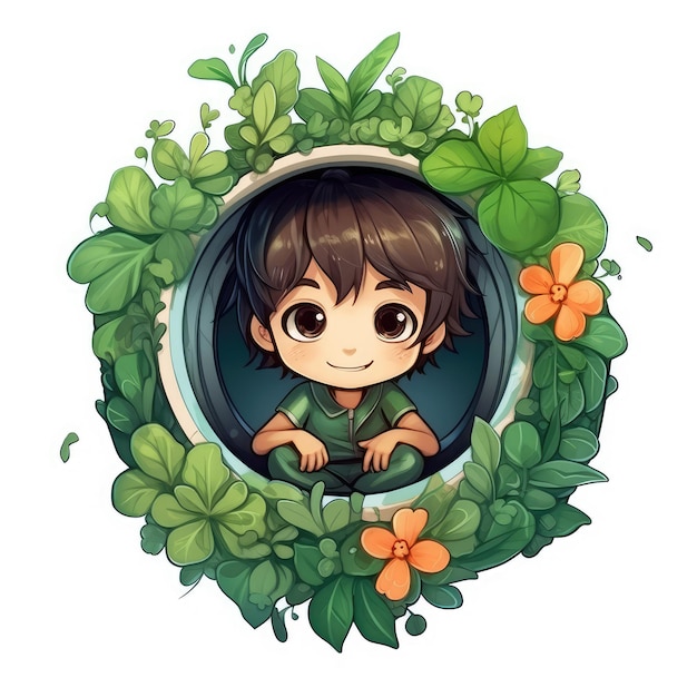 Een jongen in een hol met planten om zijn hoofd