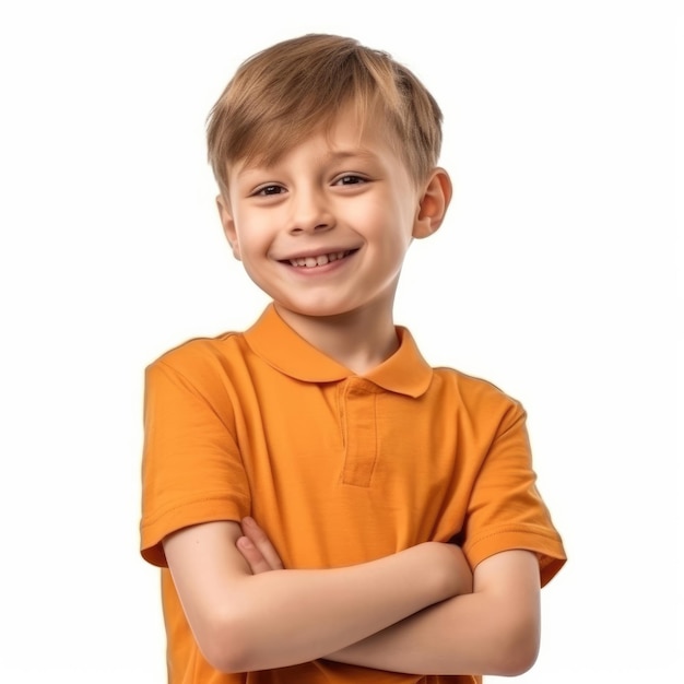 Een jongen in een oranje shirt lacht en lacht.