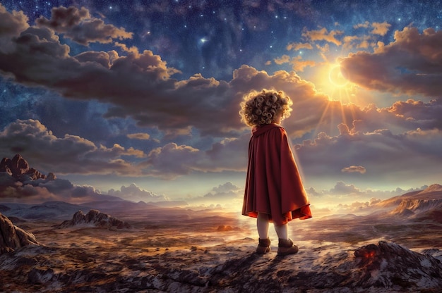 Een jongen in een rode mantel staat in een uitgestrekte woestijn en kijkt op naar een sterrenhemel.