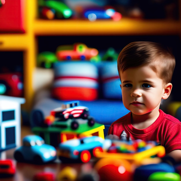 Een jongen in een rood shirt zit voor een speelgoeddisplay.