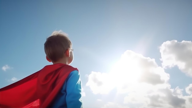 Een jongen in een supermankostuum kijkt omhoog naar de lucht