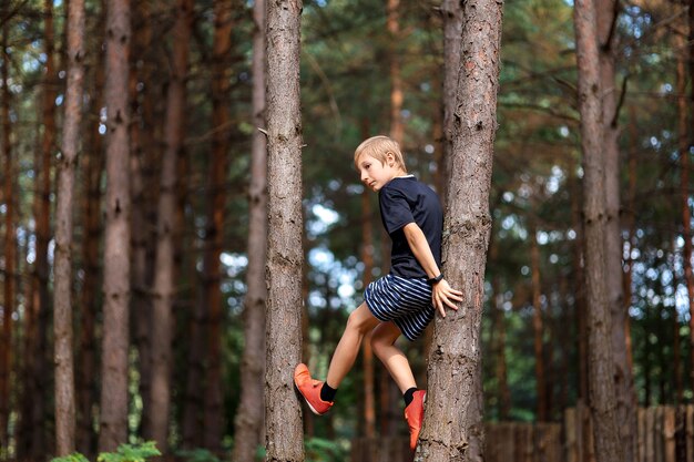 Een jongen in het bos klom in de bomen tussen twee pijnbomen